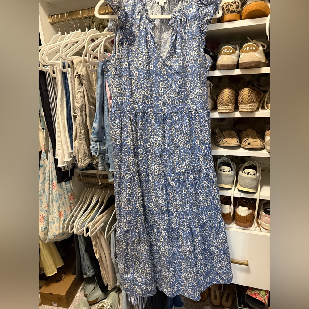J. Crew Factory Blue Floral Ruffle Sleeve V-neck Dress with pockets! Size L